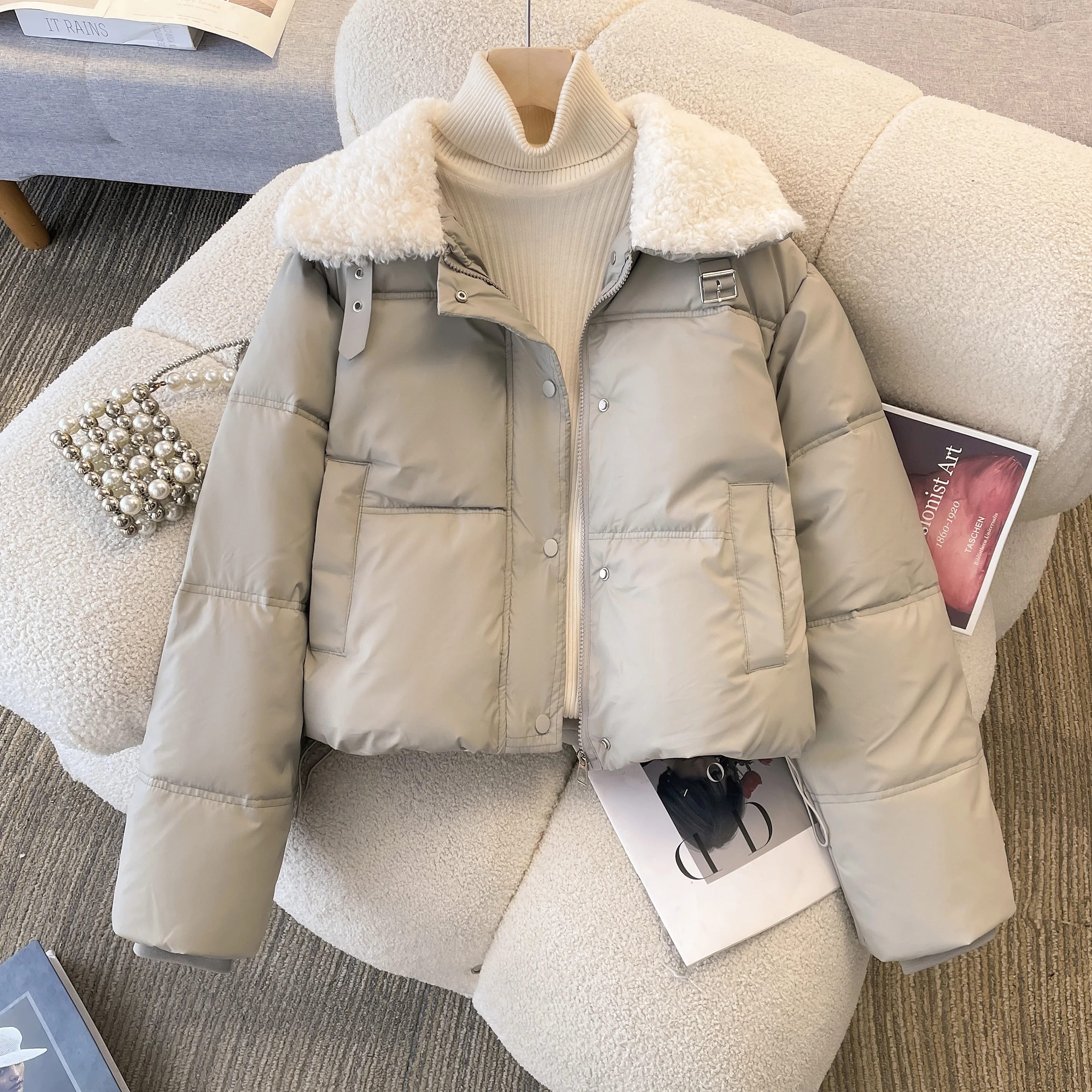 Fashion Lambswool Turn Down Collar Short Winter Coat Winter Single-breasted Short Casual Padded Jacket Thick Warm Outerwear