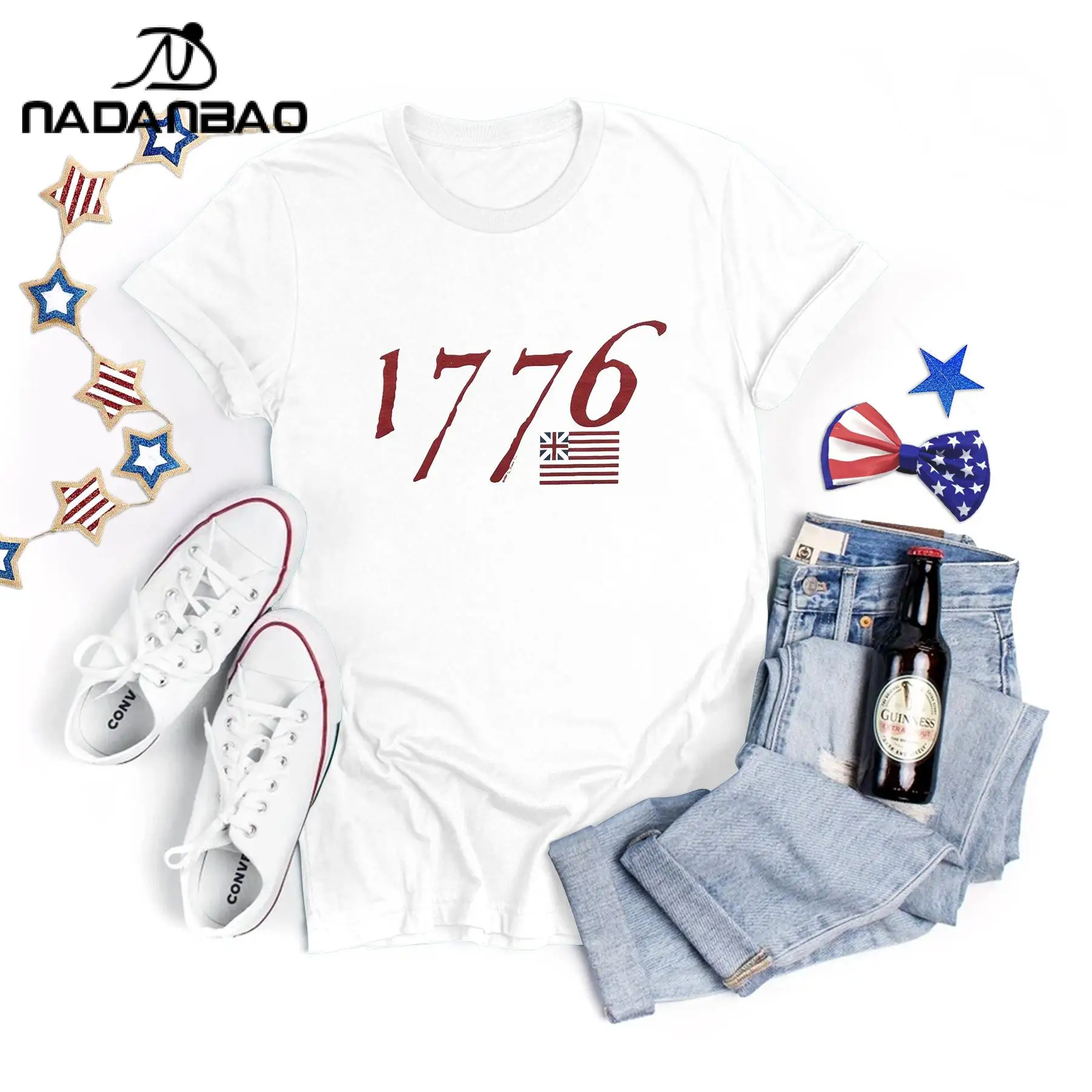 Nadanbao T-shirt grafiche con lettere USA per donna T-shirt estiva a maniche corte con stampa patriottica bianca Abbigliamento casual per le vacanze
