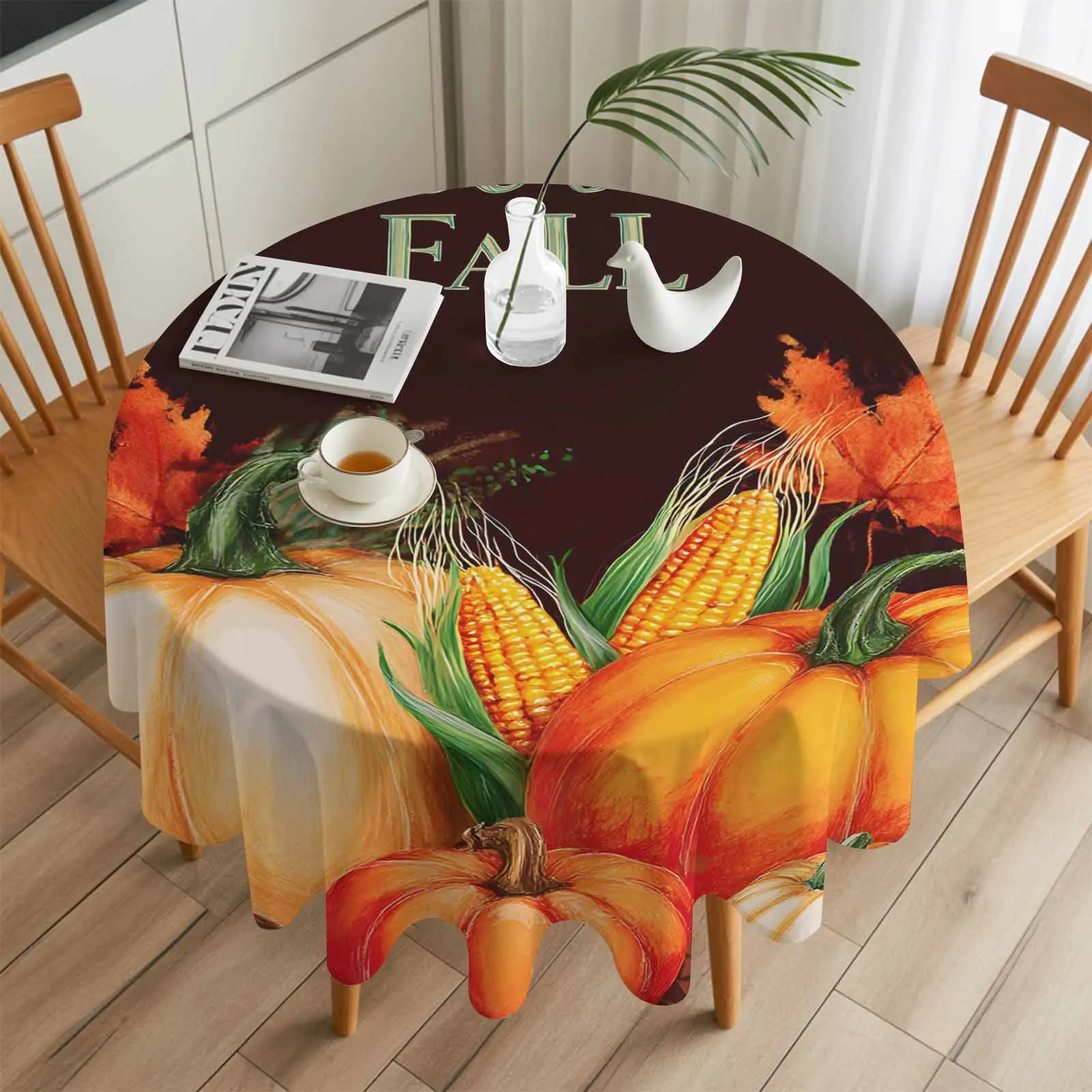 

Autumn Pumpkin Thanksgiving Maple Leaf Round Table Cloth Dining Tablecloth Waterproof Table Cover for Wedding Party Decor
