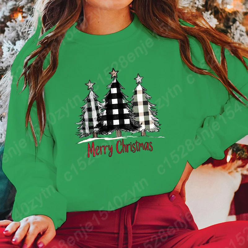 

Women Popular Hoodless Sweatshirts Christmas Tree Merry Christmas Print Round Neck Pullovers Ladies Casual Solid Color Pullovers