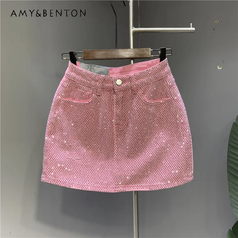 Heavy Embroidery Hot Drilling Denim Skirt Women 2024 Summer New Street Hot Girl High Waist Mini Skirt Y2K Sexy A-line Skirts