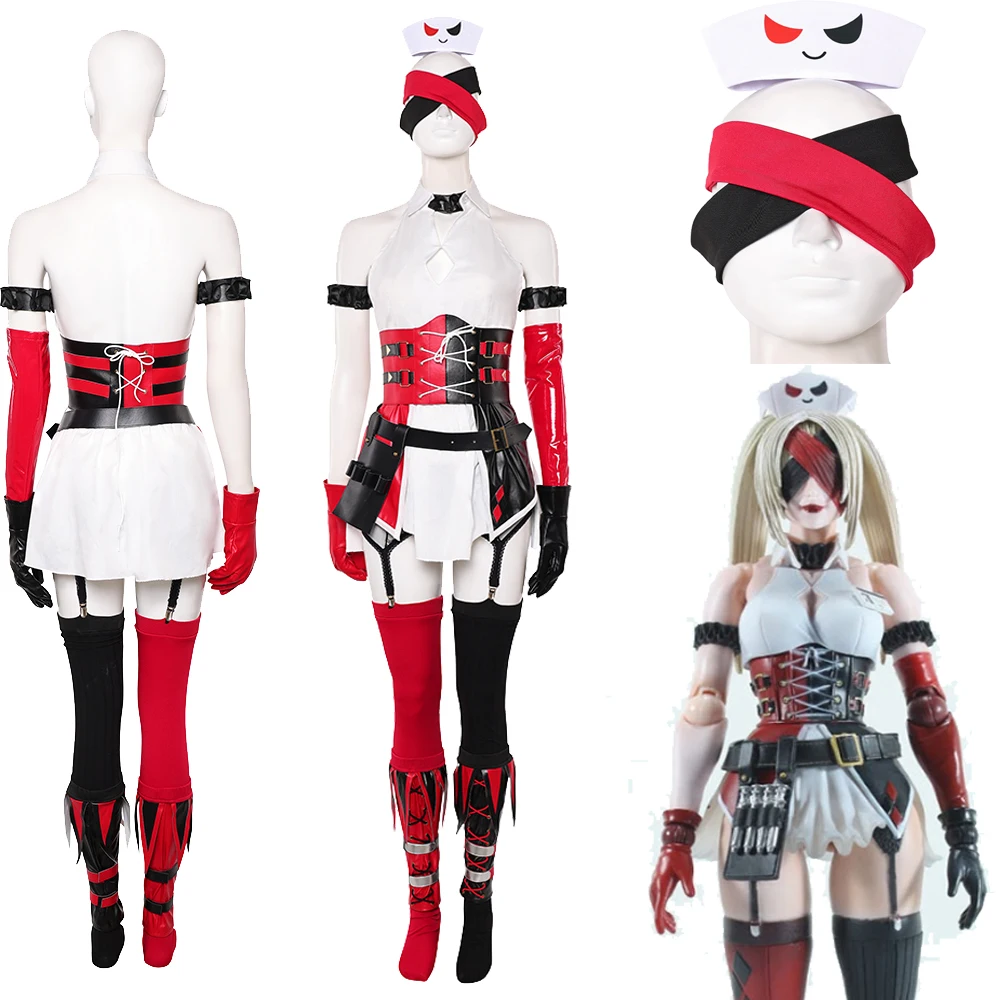 

Quinzel Cosplay Dress Women Girl Nurse Hat Gloves Belt Outfits Adult Halloween Carnival Dress Up Party Disguise Costume Suit