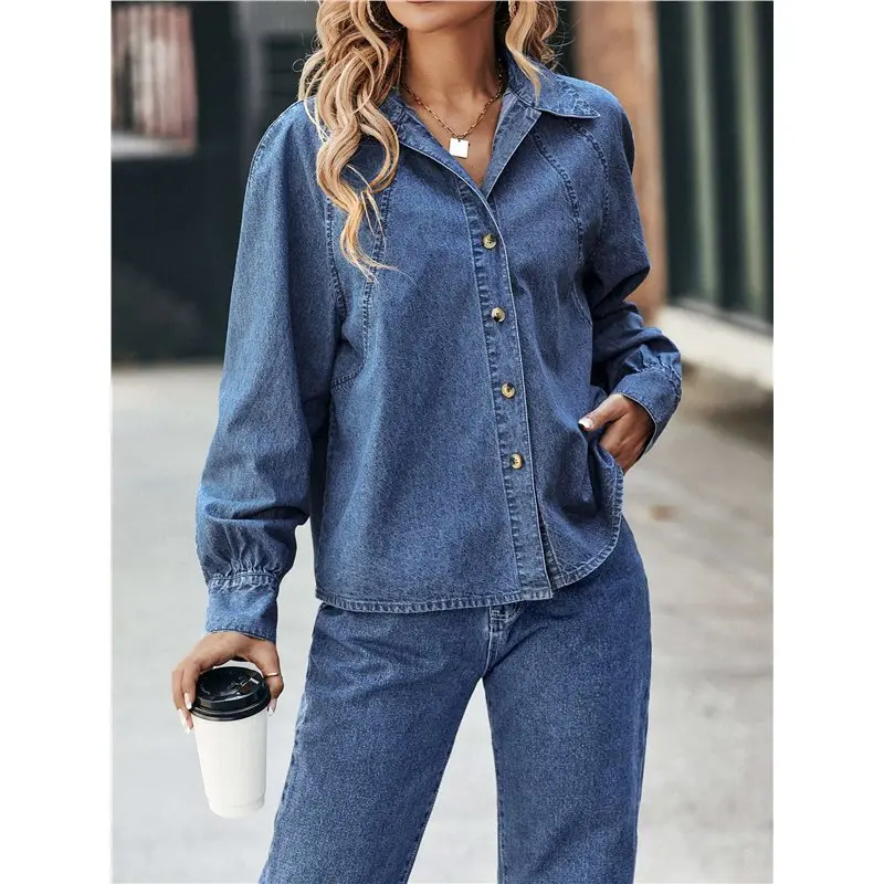 Koszula jeansowa damska CYL, długi rękaw, regularny krój, codzienna koszula zapinana na guziki