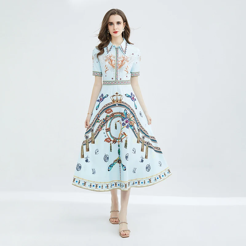 Vestido camisero bohemio elegante para mujer, traje largo de manga corta con estampado de flores y cuentas de diamantes, 2023