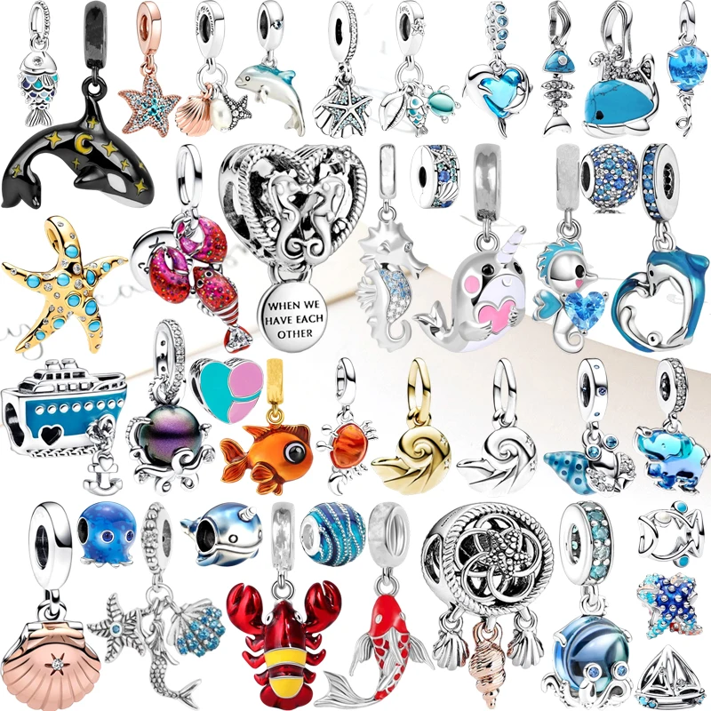 جديد غرامة الأزرق المحيط سلسلة خرزة ساحرة زجاج مورانو الدلافين السلاحف البحرية نجم البحر صالح الأصلي 925 الفضة سوار DIY بها بنفسك مجوهرات هدية