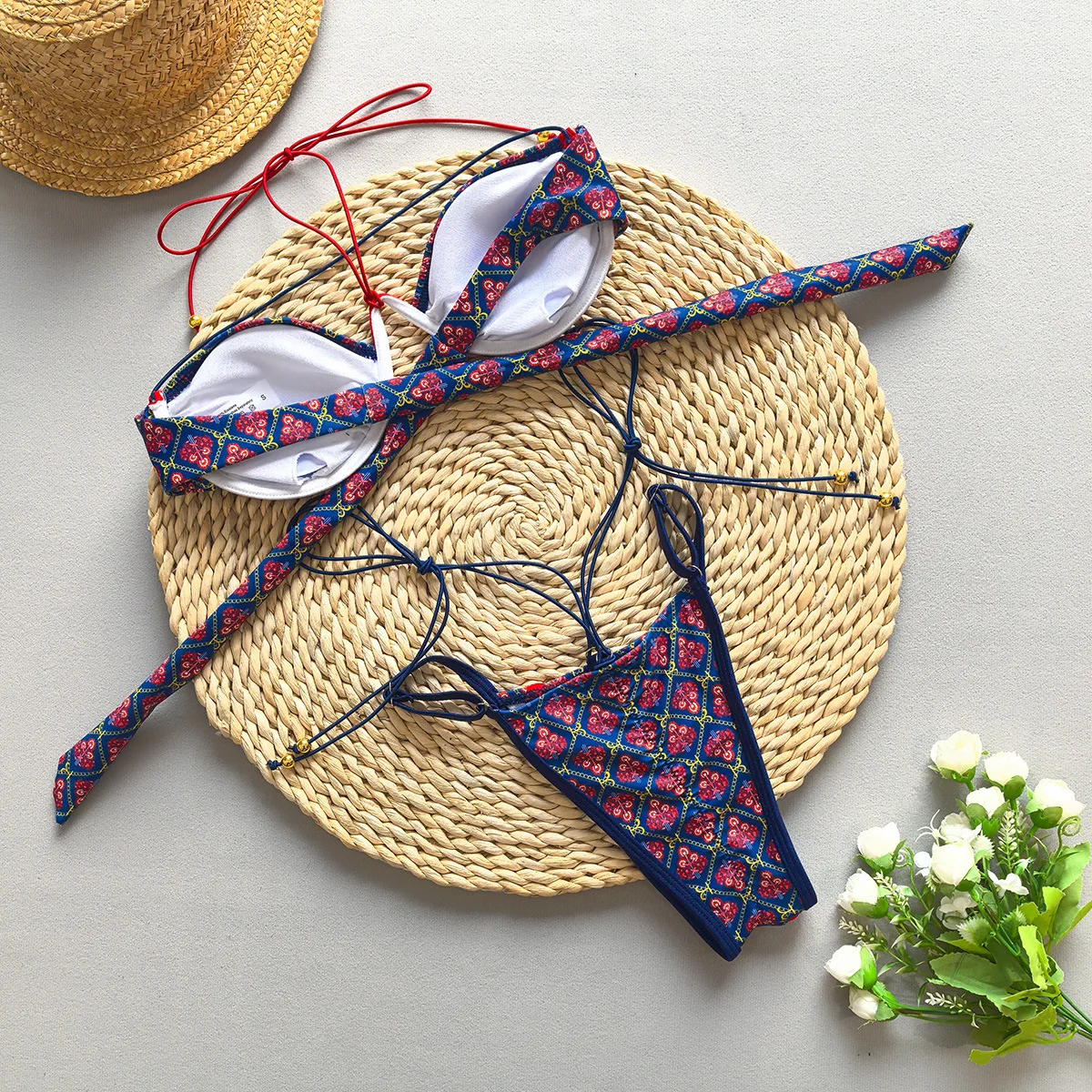 2025 New Arrival: Blue Printed Two - Piece Bikini for Women. Features Sexy Underwire Design and Stylish Tie - Up Details