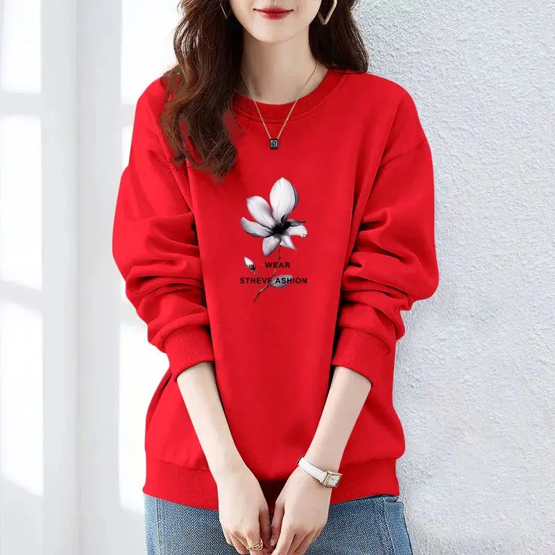 Autumn and Winter Women\'s Crew Neck Long Sleeves Printing Loose Pullovers Korean Hoodies Fashion Classic Casual All Match Tops