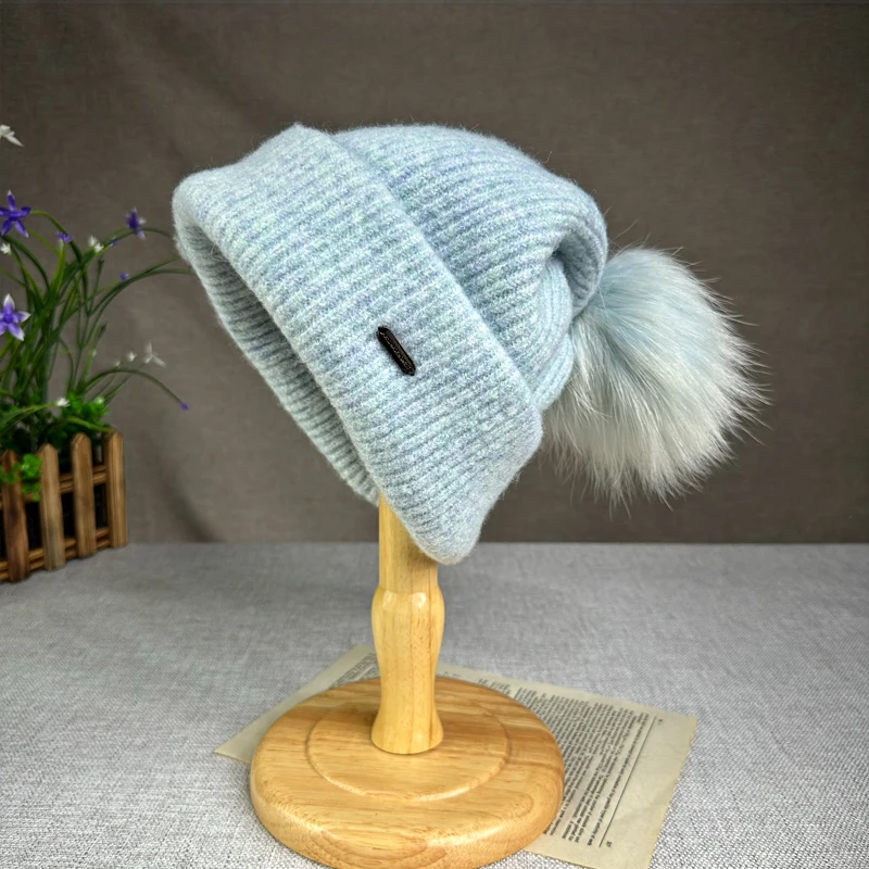 Big Headed Wool Knitted Hat Female Fox Hair Ball Warm and Casual Loose Korean AutumnWinter Pile Hat Woolen Hat