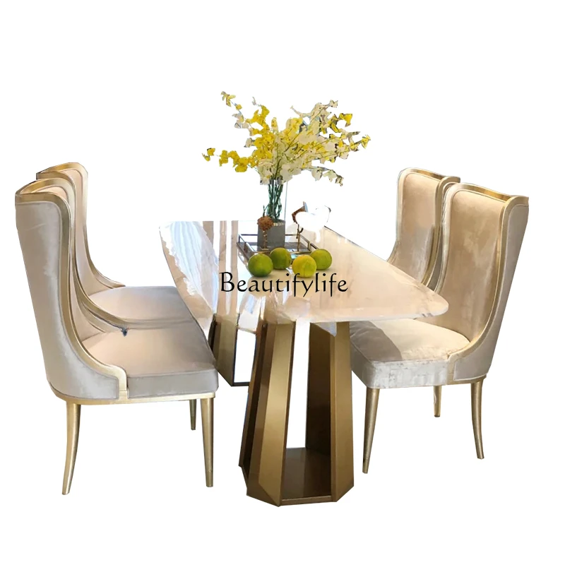 

American Light Luxury Dining Table Solid Wood French Small Apartment Restaurant Dining Tables and Chairs Set Marble