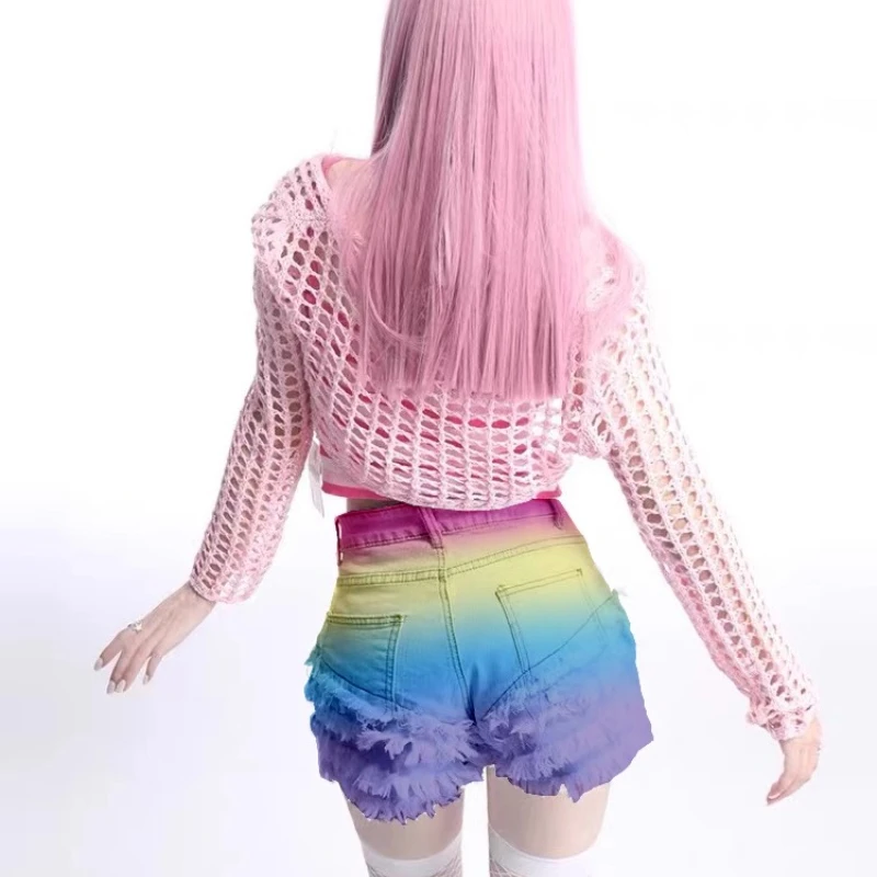 Japanese Original Tie-dye Rainbow Sweet Cute Ladies Denim Cake Shorts New Design Hot Girl Y2k Colorful High Waist Shorts ladies