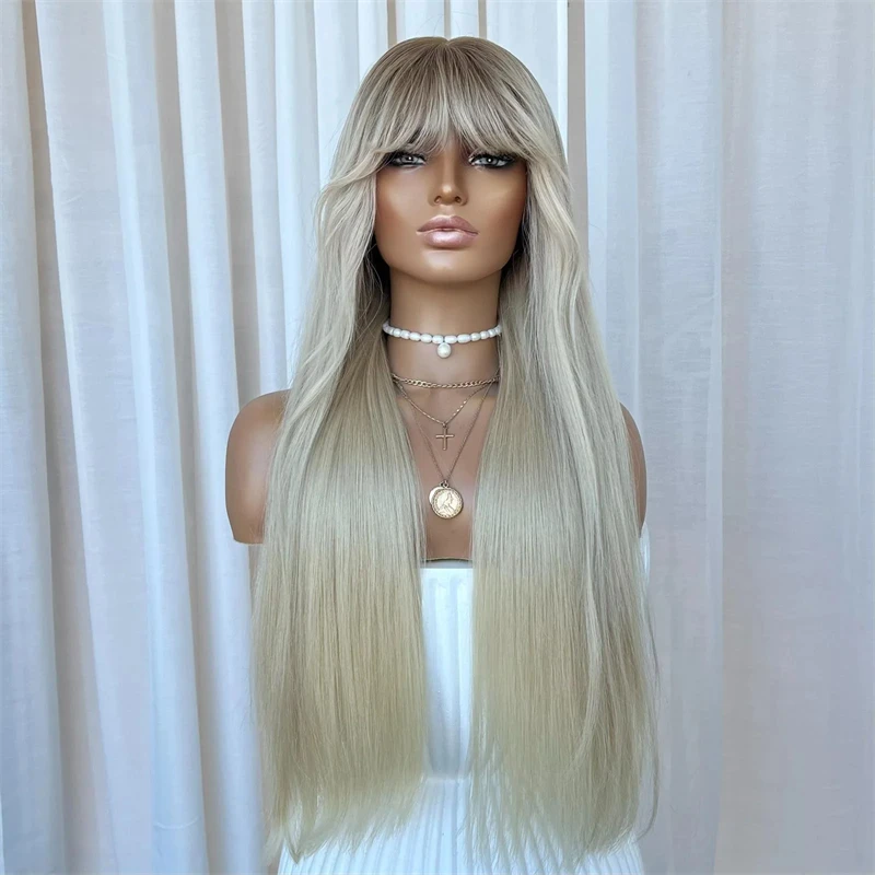 

Ash Blonde Wig with Full Bangs Synthetic lace front wig Straight Long Wigs High Quality Natural Hair Wig Fringe Heat resistant