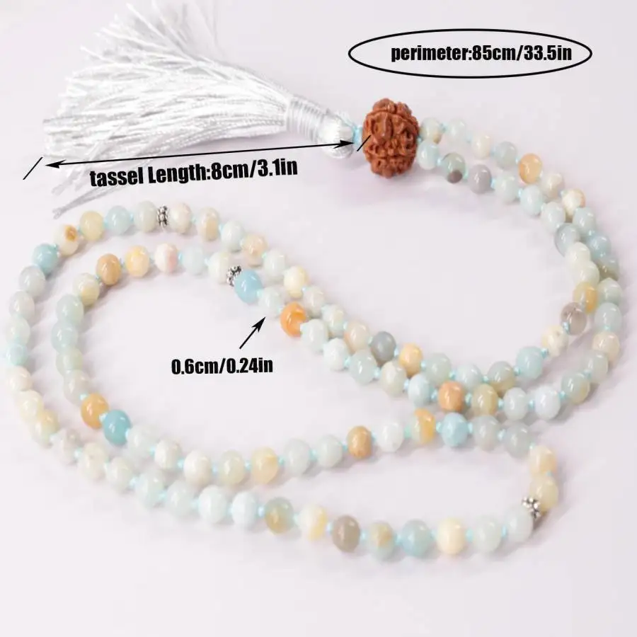 

Ожерелье-мала из натурального амазонита и рудракши (108 бусин) с серебряной подвеской-кисточкой: целебные кристаллы для спокойствия и покаяния