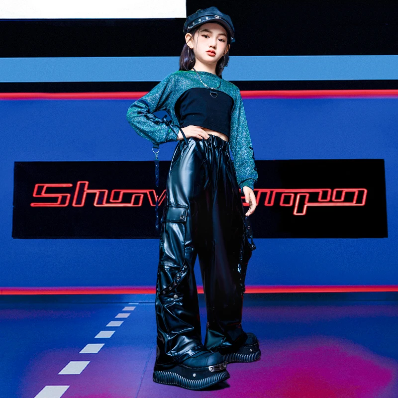 Hippe hiphop kleding voor meisjes, stijlvol streetdance kostuum, set met crop top en leren broek, kinder jazz outfit.