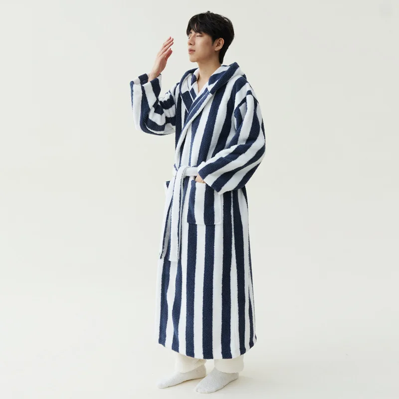 

New Men's Winter Thicken Long Hooden Striped Robe Sleepwear Warm Coral Fleece Bathrobe Home Dress Night Wear Loungewear