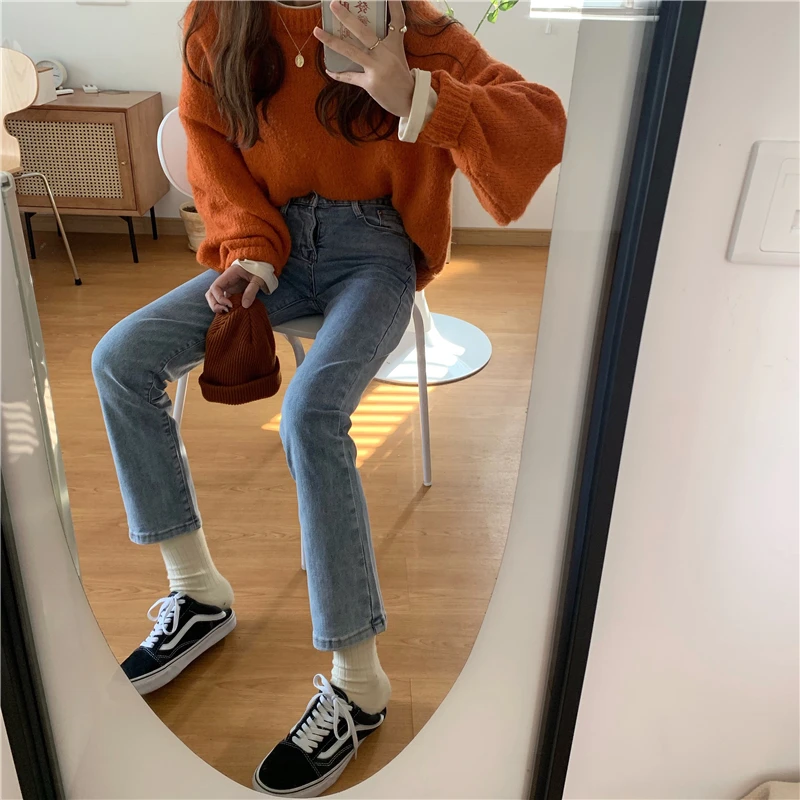 

Универсальные женские джинсы с высокой талией, синие, прямого кроя, длиной 7/8, повседневные брюки для весны и лета, средней эластичности, для работы и отдыха