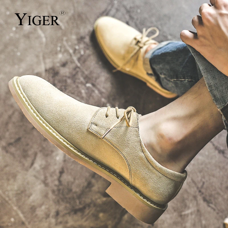 YIGER  Men's Casual shoes Korean style England British Genuine leather Retro shoes suede Dress shoes Nubuck leather Leisure shoe