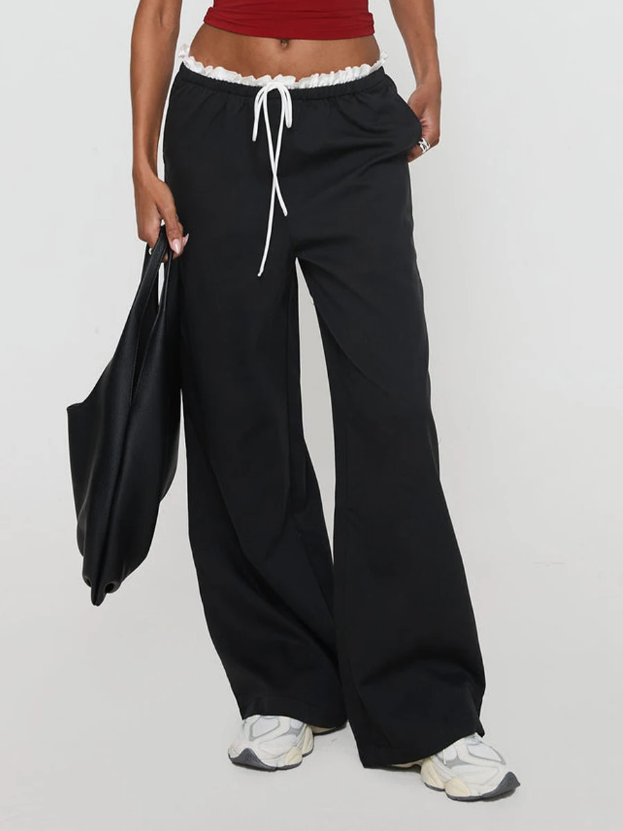 Women's Straight Wide Leg Pants Elastic Low Waist Frill Trim Pants Lounge Trousers with Pockets