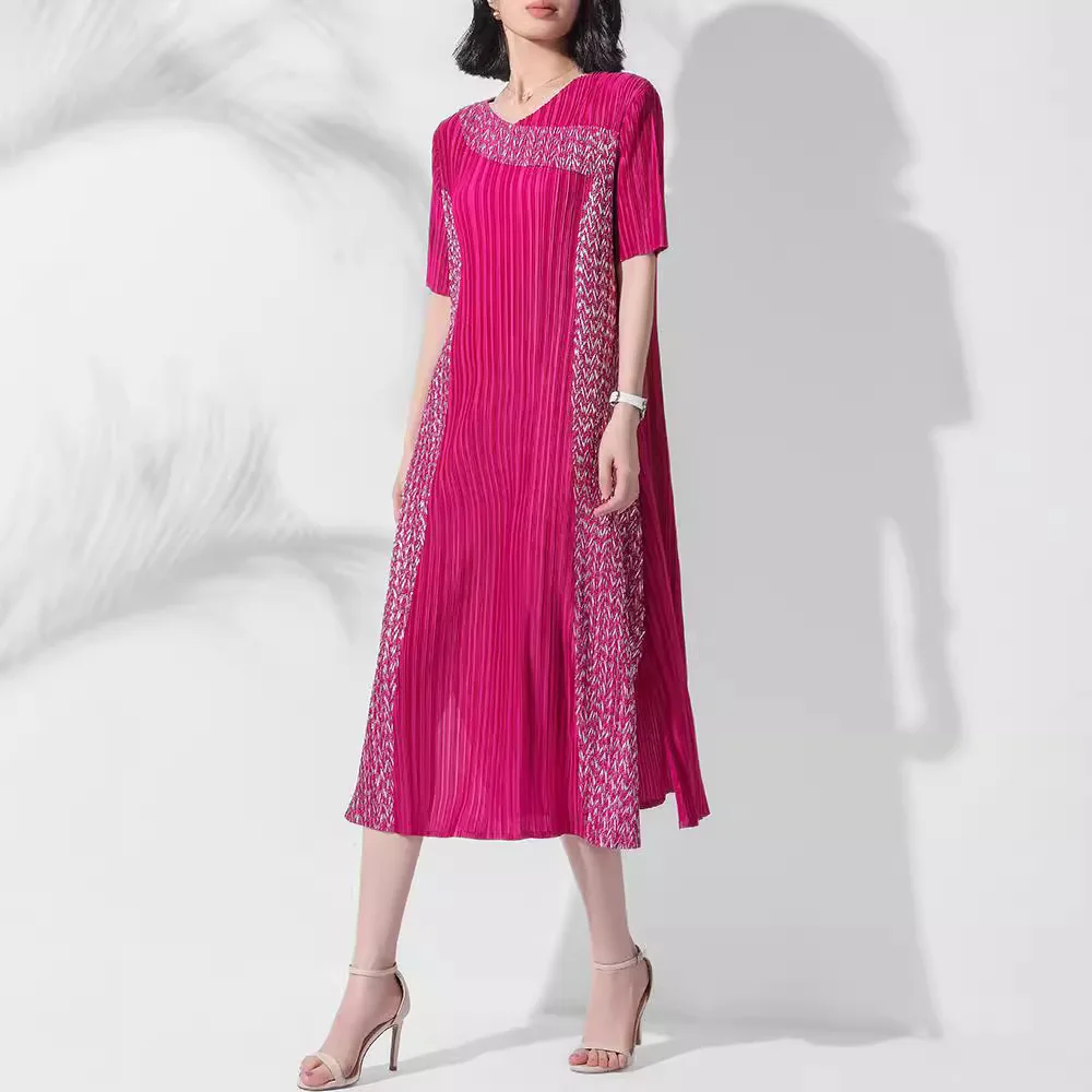 

MIYAKE Summer Contrast Color Dress High-end Temperament Elegant Pullover Round Neck Loose Short Sleeves Pleated Mid-length Dress