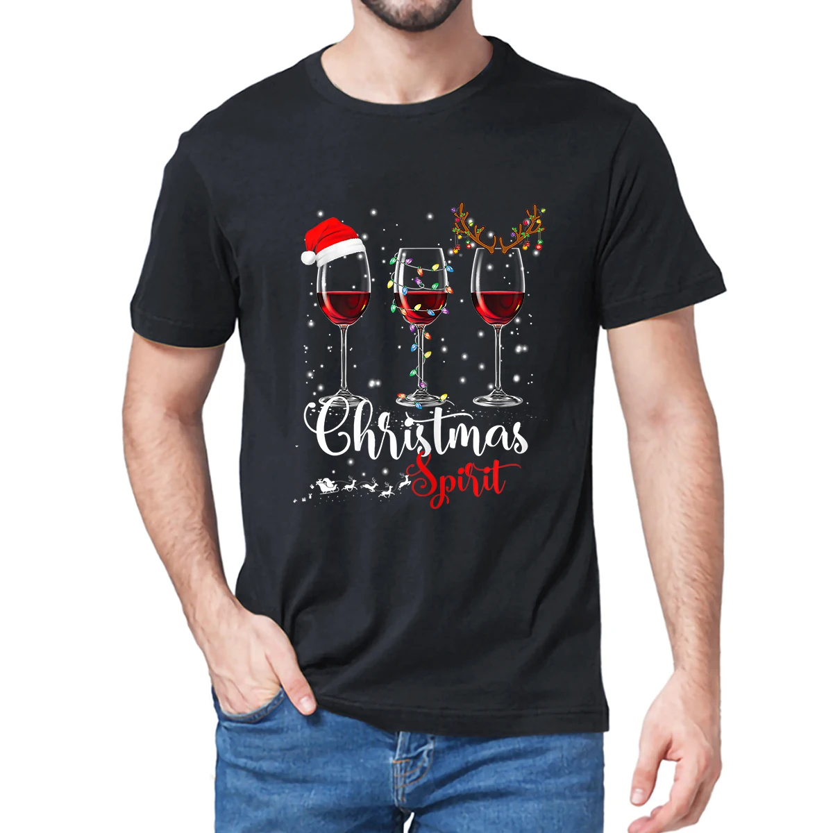 

Unisex 100% Cotton Funny Christmas Spirits Glasses Of Wine Xmas Holidays Party Men Oversized T-Shirt Casual Streetwear Women Tee