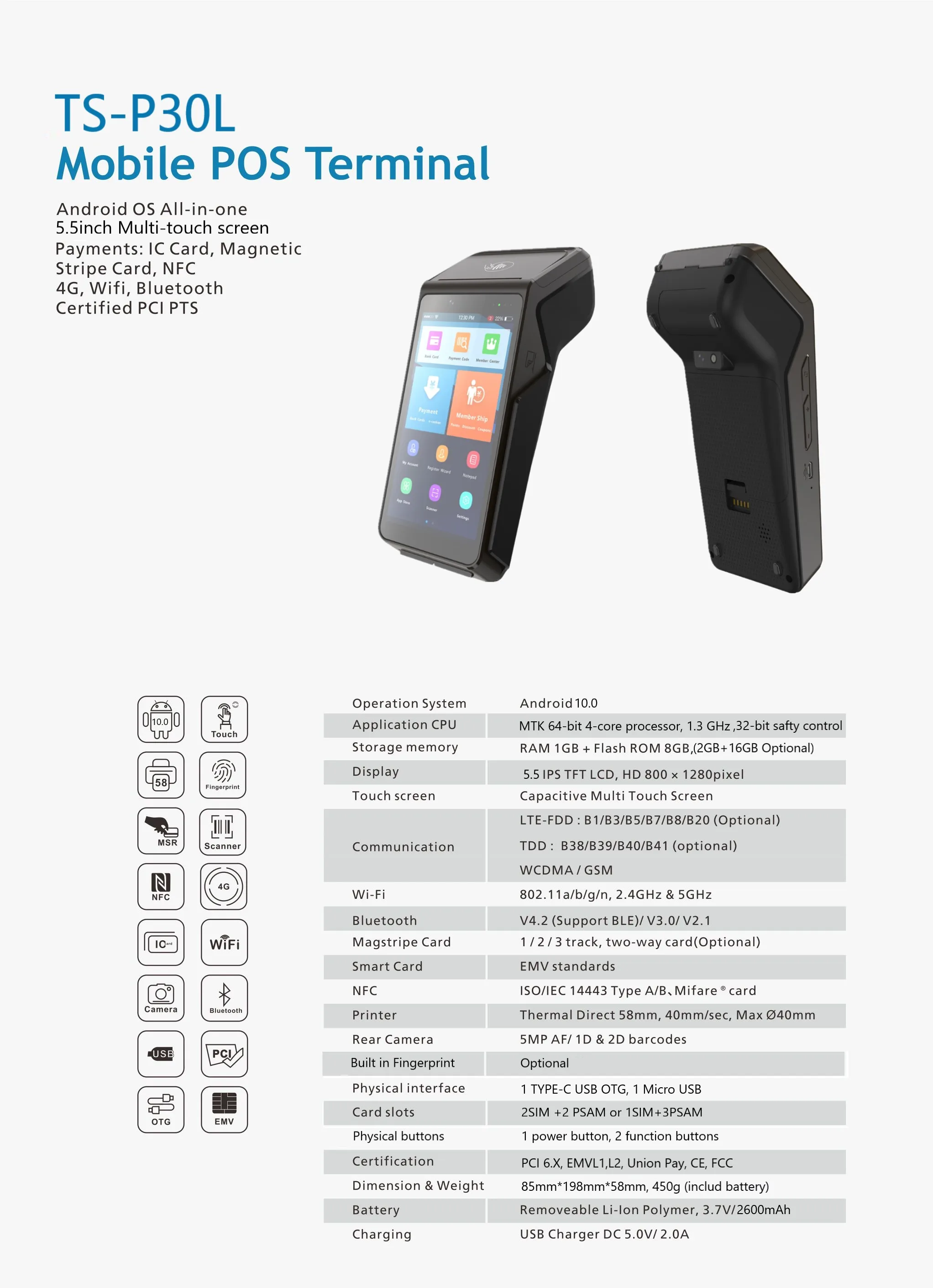 

TS-P30L IC chip/RFID/PASM card Reader android 10.0 wifi billing pos machine Hand Held data pos system terminal