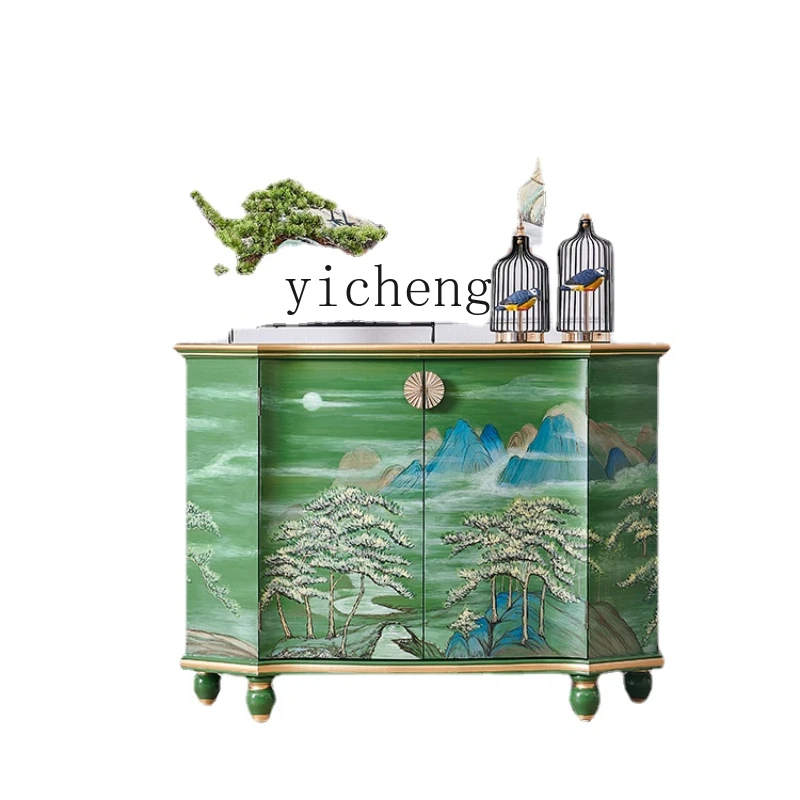 Xl Green Painted Landscape Entrance Decoration Hall Cabinet New Chinese Style Living Room Sideboard Cabinet