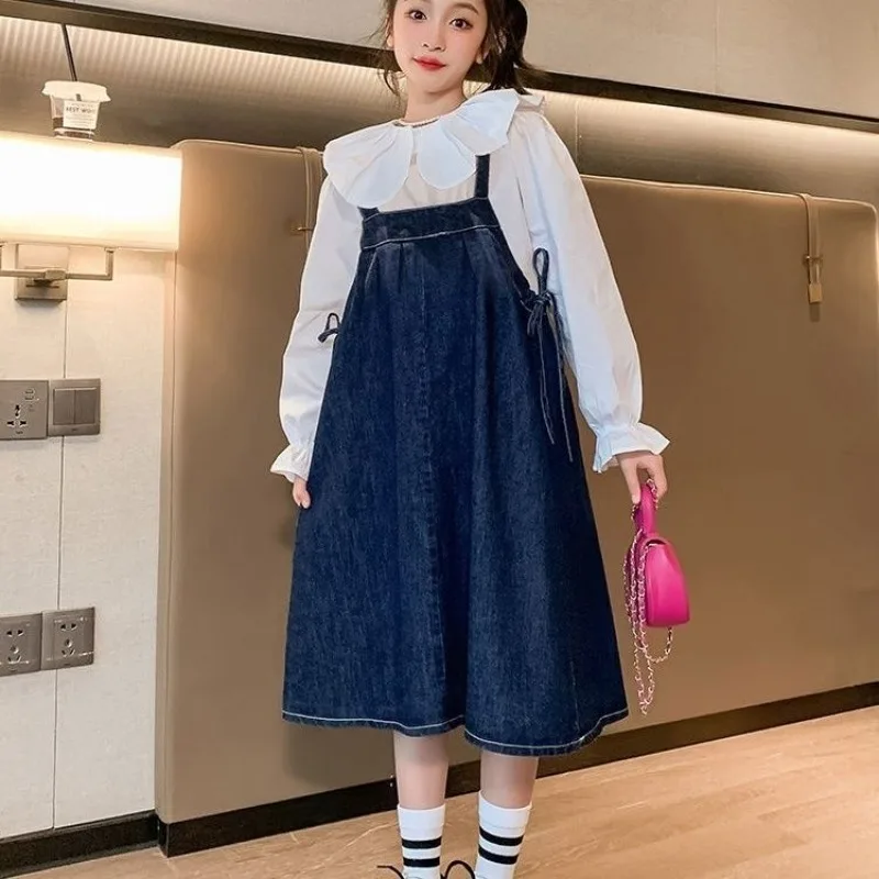 

2025 New Girls' Summer-Autumn Stylish Korean-Style Sling Long Sleeve Shirt & Overalls Dress Casual Kids Dress for 4-12 Years Old