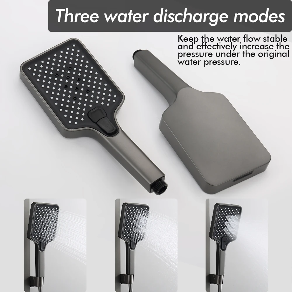 Sistem Keran Pancuran Air Panas dan Dingin 3 Jalur Model Dinding dengan Lengan Putar Putih, Keran Rainfall, Rak Kamar Mandi, Set Mixer Pancuran Warna Gunmetal