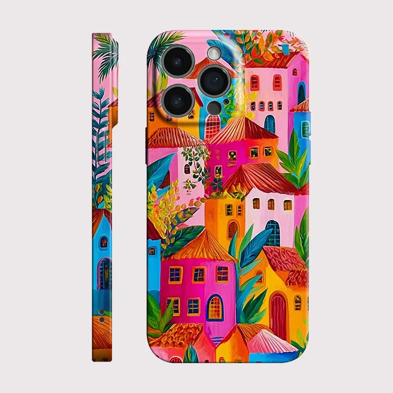 Coque de protection rigide en PC motif Art Village Tropical pour iPhone 17 16 15 14 13 12 11 Pro Max Air 16e 7 8 Plus XS Max X XR