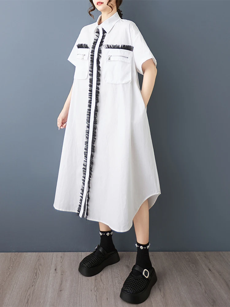 NYFS Estate 2025 Abito da donna a maniche corte con patchwork in rete tascabile allentato taglie forti