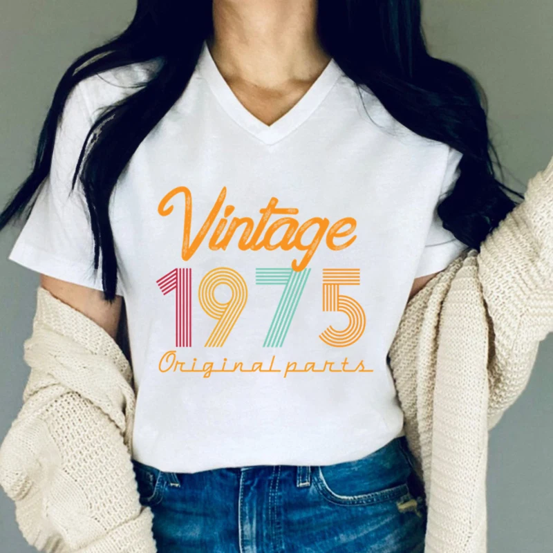 Women's Birthday Gift T-shirt Vintage 1975 Original Parts Classic Graphic Retro Tshirt 49 Years Old V-neck Short Sleeve T-shirt