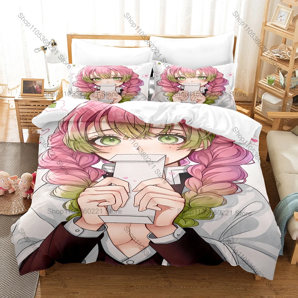 

Kawaii Kanroji Mitsuri Three Piece Bedding Set Luxury Comforter Set with Queen King Size Cool Two household goods Anime bed shee