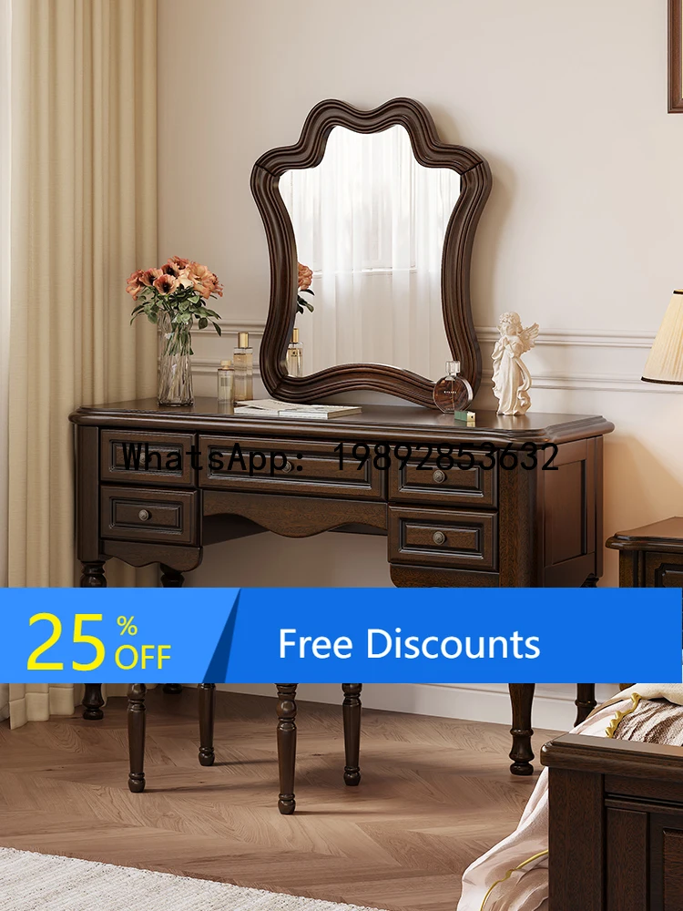 YFY Dressing Table American Retro Country Bedroom Old Money Makeup Table Solid Wood with Makeup Mirror Vanity Table