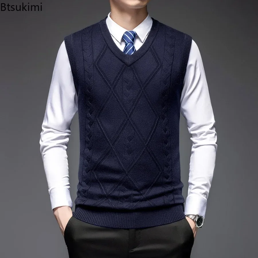 2025 High-end Wool Sweater Vest for Men Business Casual Solid V Neck Sleeveless Pullover Tops Men Fashion Slim Sweater Waistcoat