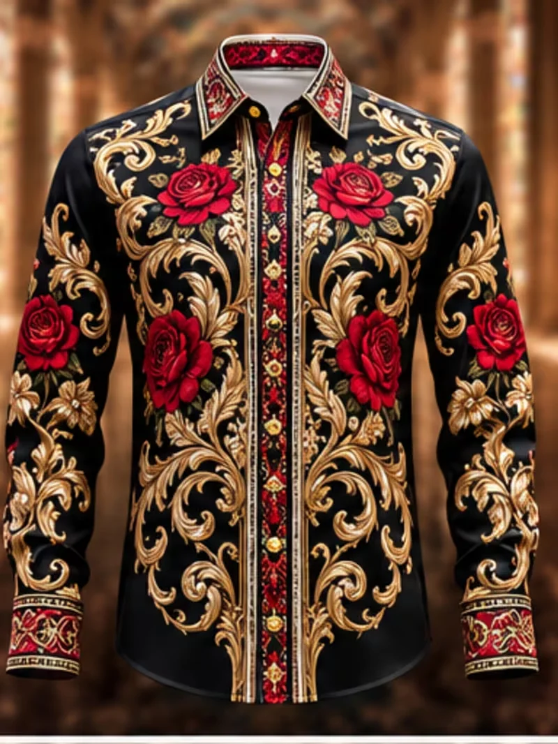 New black background, gold red rose, Baroque court style long sleeved shirt, light luxury, gorgeous men's formal shirt