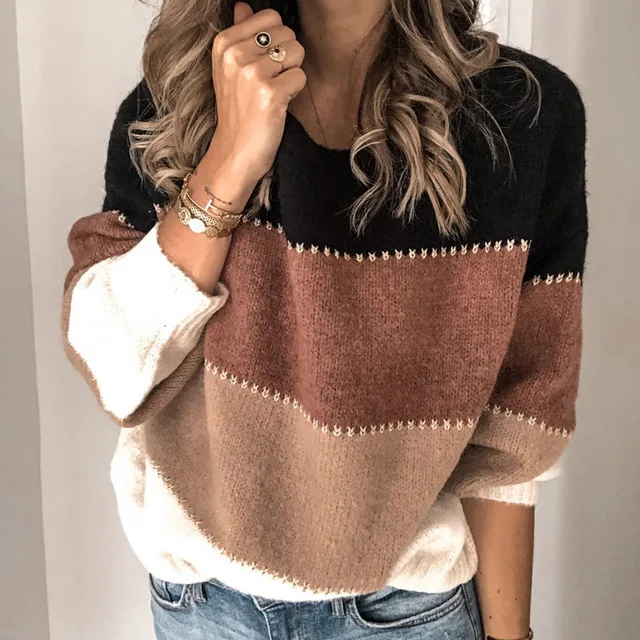 2024 Autumn And Winter New Casual Women's Sweater Fashion Striped Color Block Printed Round Neck Long Sleeve Pullover Sweater