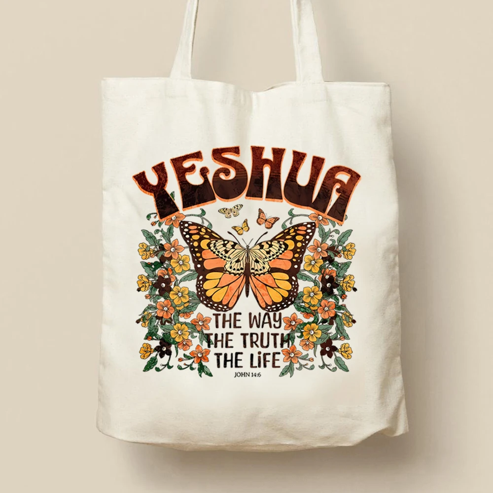 Yeshua Jesus Christian Tote Bag Christian Tote Bags Butterfly Wildflower Graphic Shopping Bag Aesthetic Women Handbag Trendy Bag