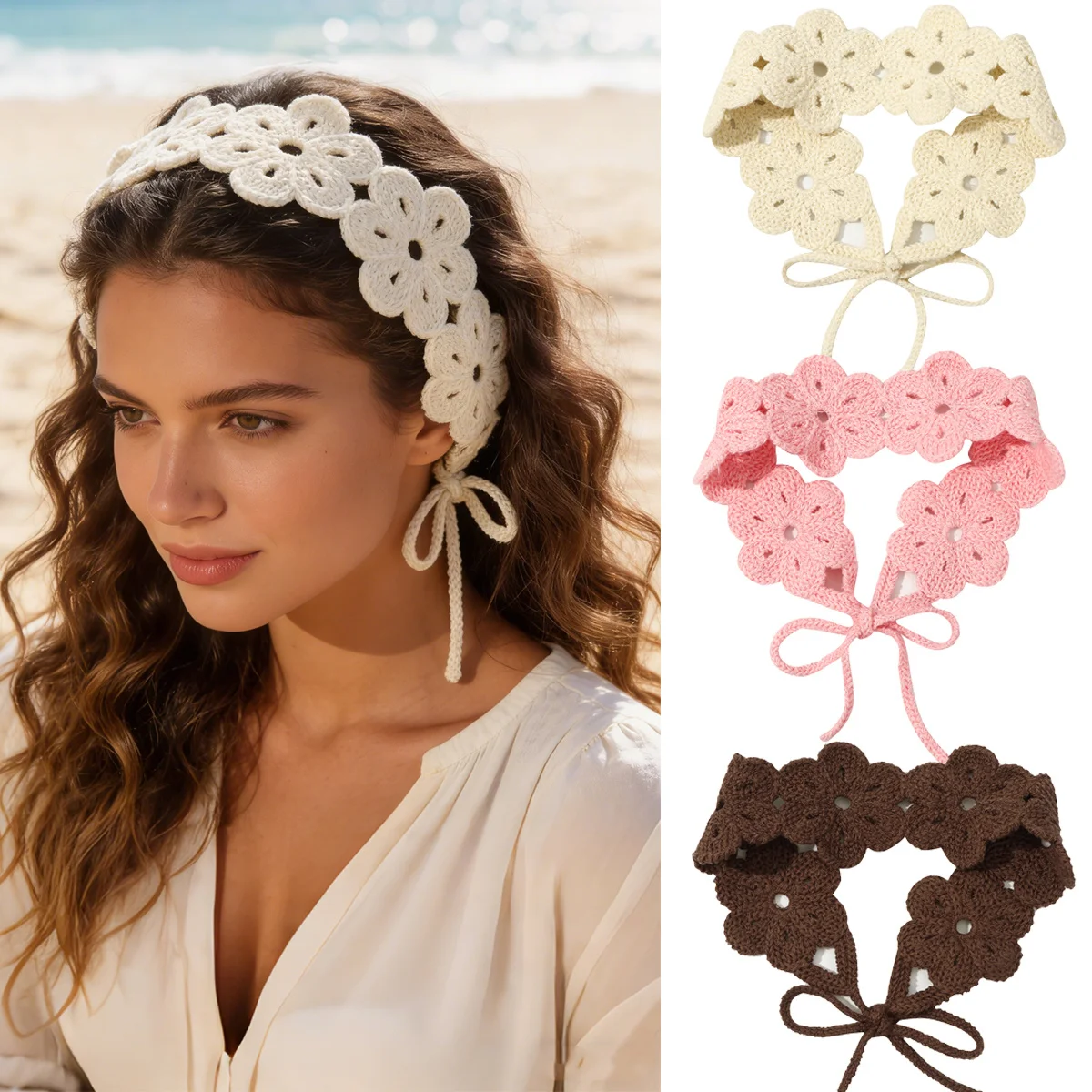 

Женская повязка на голову в стиле бохо, однотонная, с цветами, связанная крючком, мягкая вязаная повязка для волос, модный аксессуар для волос, подарок на День святого Валентина для подруги