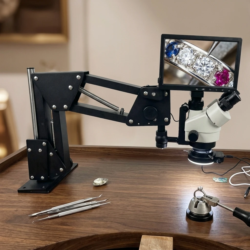 10inch 2K HD Monitor 3.5X-45X Zoom Trinocular Stereo Microscope Spring Bracket Digital Jewelry Microscope for Diamond Setting