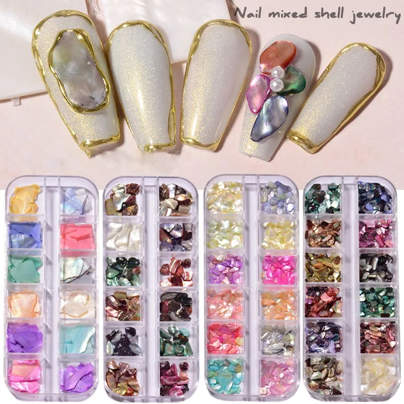 

12Grids 1 Box Mixed Shell Jewelry Nail Rhinestones 3D Alloy Rivet Pearl Nail Art Decoration Manicure DIY Decor Glitter For Nails