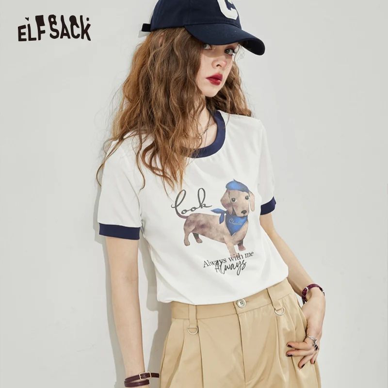 ELFSACK Vintage Printed Cotton T-Shirts Women 2023 Spring Short Sleeve Basic Daily Tops