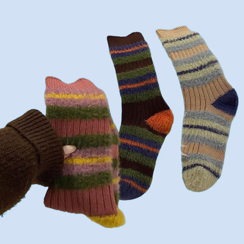 3/6 Pairs Furry Colorblock Socks Women's Autumn and Winter Middle-tube Socks Korean Version Contrast Color Sweet Striped Socks