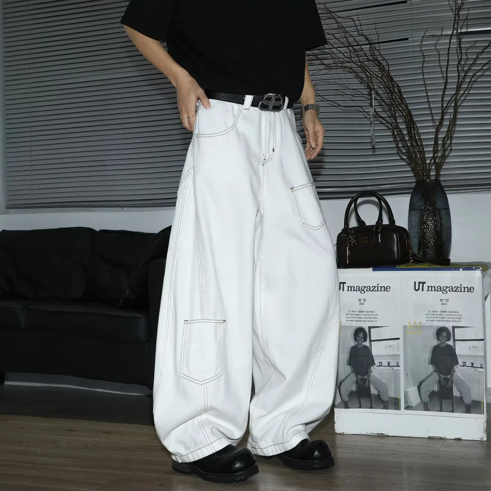 Y2K الرجال الجينز الأبيض عالية الخصر واسعة الساق الدنيم السراويل الرجعية فضفاض نمط موضة فضفاضة تناسب عادية سراويل جينز الشارع الشهير #3