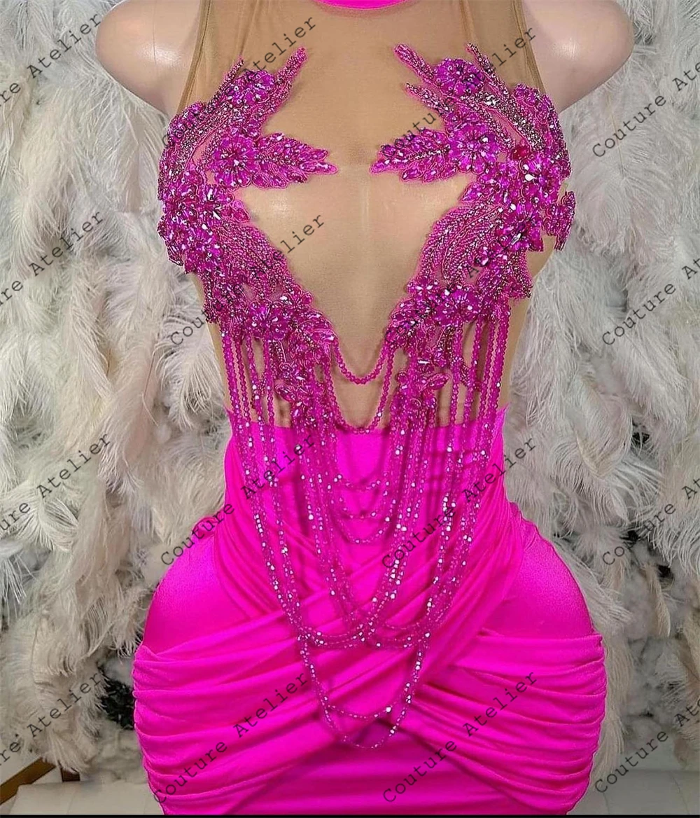 Vestidos de fiesta cortos con borlas y cuentas de diamantes de color rosa intenso, vestidos de fiesta de cumpleaños con diamantes de imitación de lujo para niñas negras, Mini cóctel personalizado