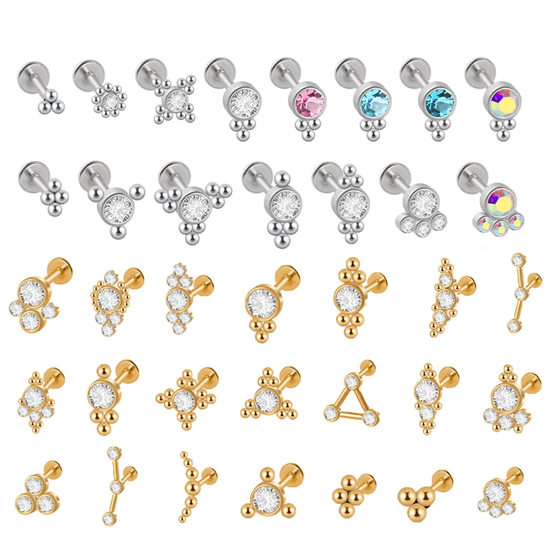 1PC G23 Titanium& Steel  Crystal Flower Ear Cartilage Tragus Helix Piercing Screw Fit Top 16g CZ Gem Moon Labret Lip Bar Ring