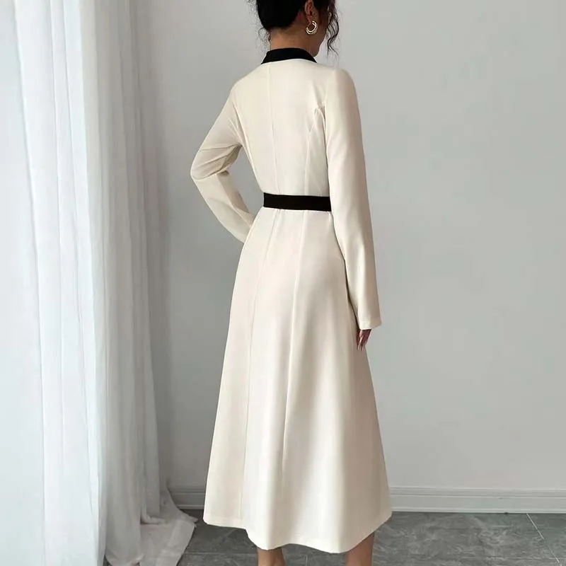 가을 겨울 허리 위 정장 파티 드레스 롱 드레스 우아하고 섹시한 딥 V 롱 드레스 버튼 스타일 오피스 여성 드레스 신상품