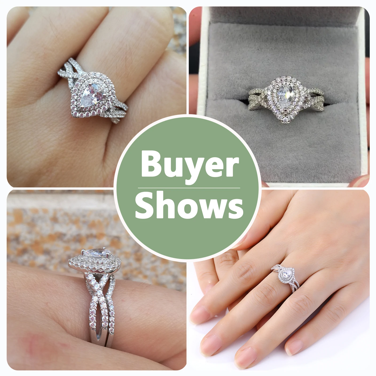 Newshe 2 Pcs 925 Sterling Silver AAAAA Zircon Moissanite Wedding Rings for Women Engagement Ring Sets Pear Shape Teardrop