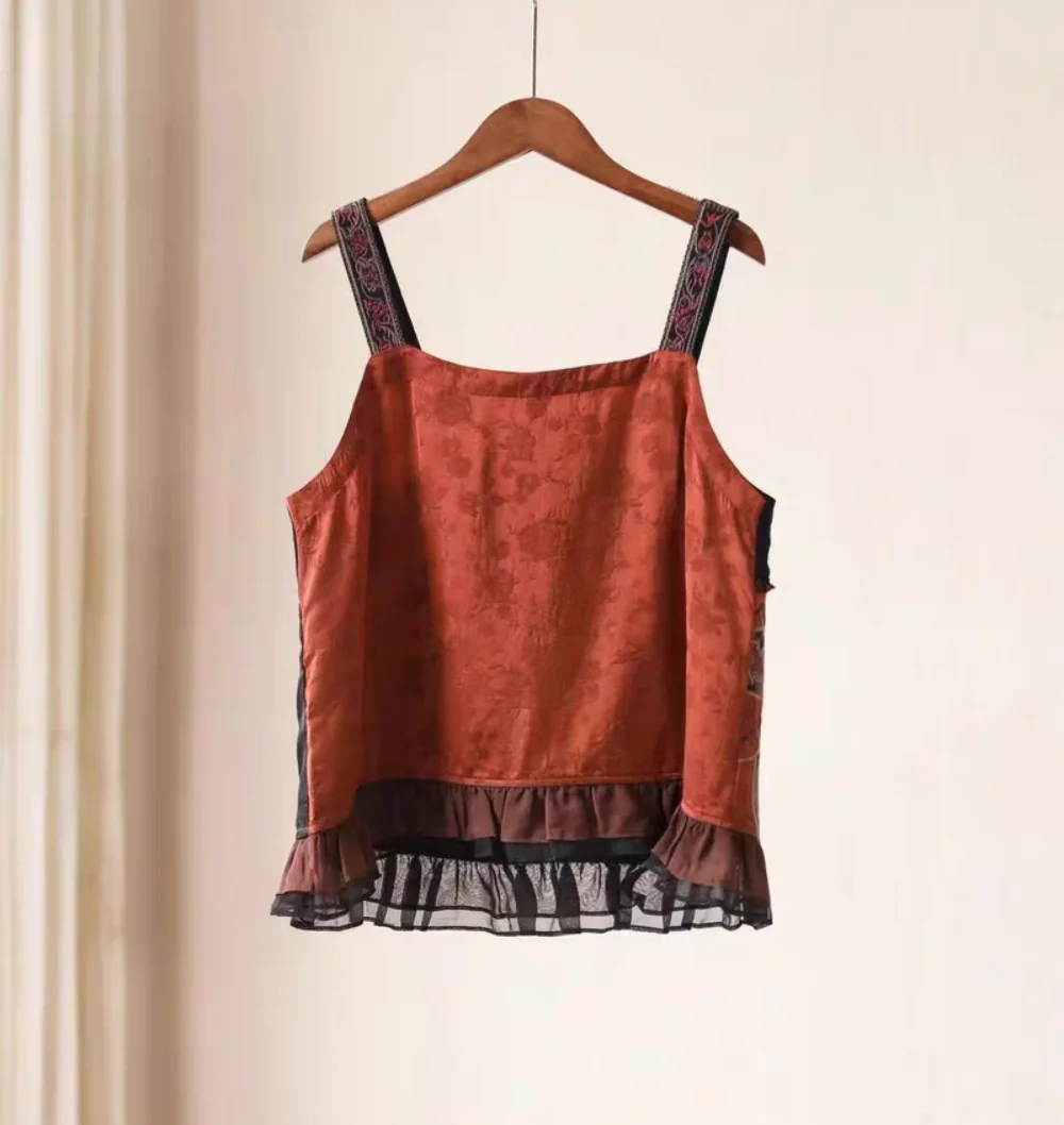 100% Natural silk Luxury tops Ethnic style embroidery summer Woman clothes Vintage tank tops sexys Adjustable shoulder strap