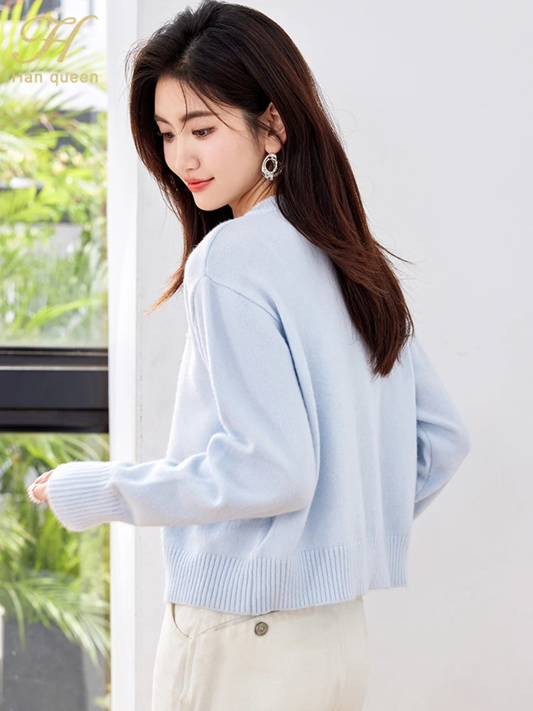 H Han Queen Autumn Sweater Women Elegant Soft Sticky Office Vintage Cardigans Long Sleeve Knitwear Loose Casual Woman Clothing