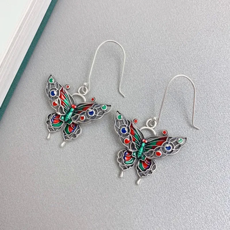 925 Silver Enamel Butterfly Tassel Necklace Sweater Chain Antique Lapis Lazuli Insect Pendant Necklaces Women Accessories XL069
