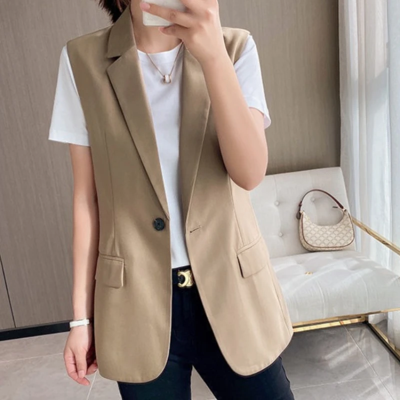 

Fashion Office Blazer Vest Women Summer 2023 Turn-down Collar Single Button Wasitcoat Female Black Sleeveless Jacket New